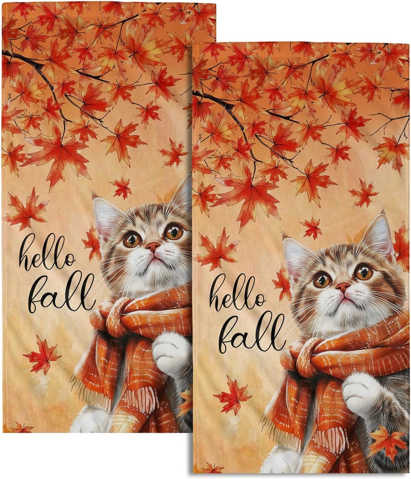 Granbey Hello Fall Hand Towel Autumn Cat Maple Leaves Kitchen Towels Set of 2 Soft Absorbent Face Towels Cute Animal Orange Leaves Small Bath Towel for Home Bathroom Hotel Spa Gym 14.4"x 28.3" - Image 1